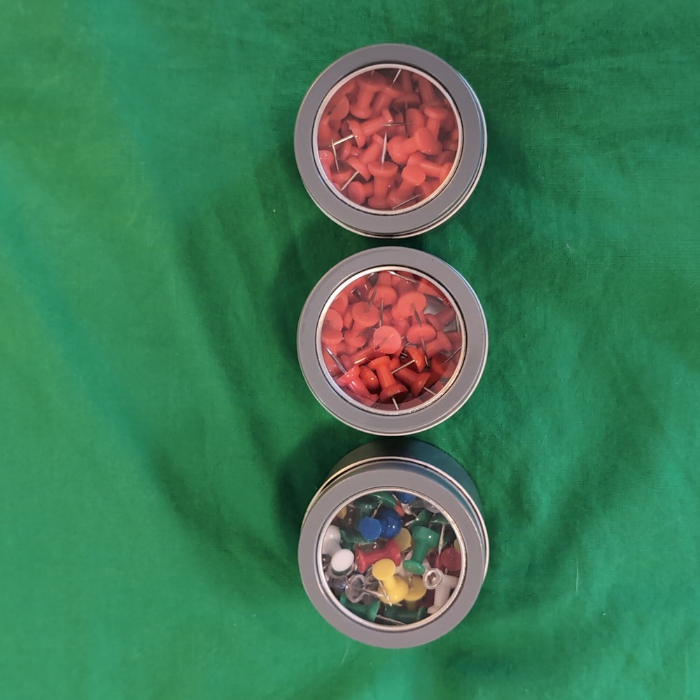 Three Magnetic Round Tins with Push Pins Pink and Assorted Colors